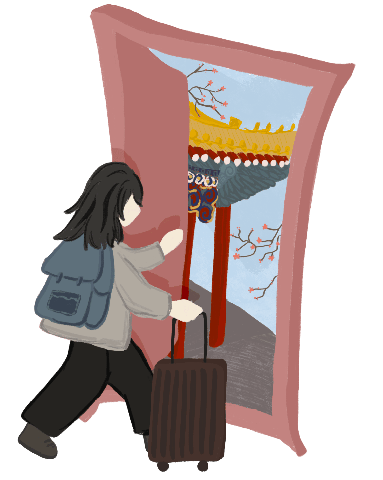 Across Cultures illustration of a figure opening a door into a Chinese palace scene